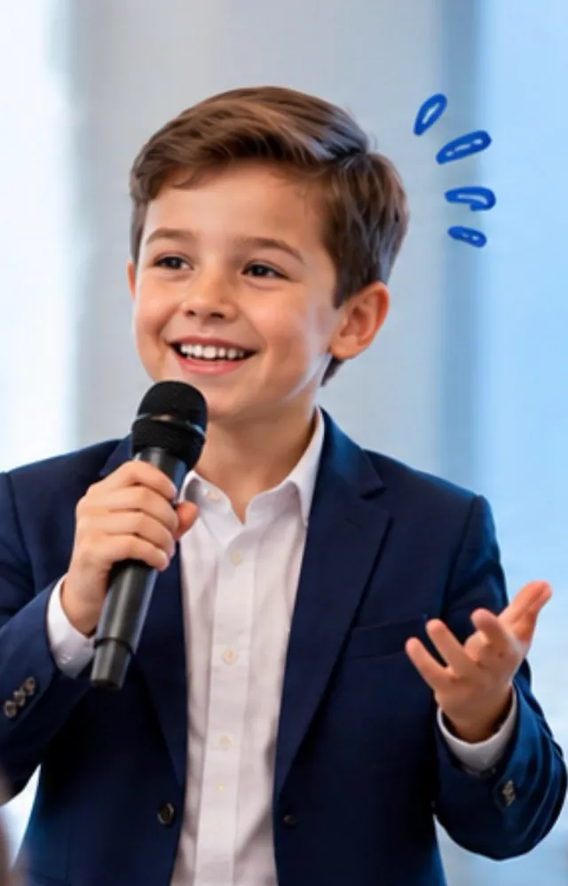 Djalë me kostum që flet me siguri në mikrofon