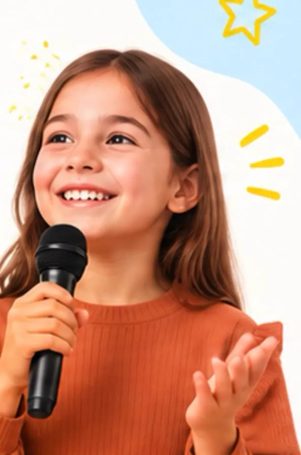 Vajzë e buzëqeshur që flet në mikrofon para të tjerëve